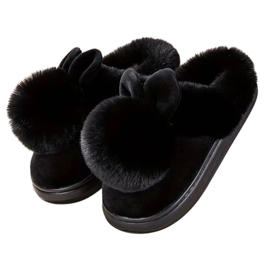 Women's Rabbit Bunny Ear Plush Slippers Black Size 7 Indoor Warm Cozy Soft